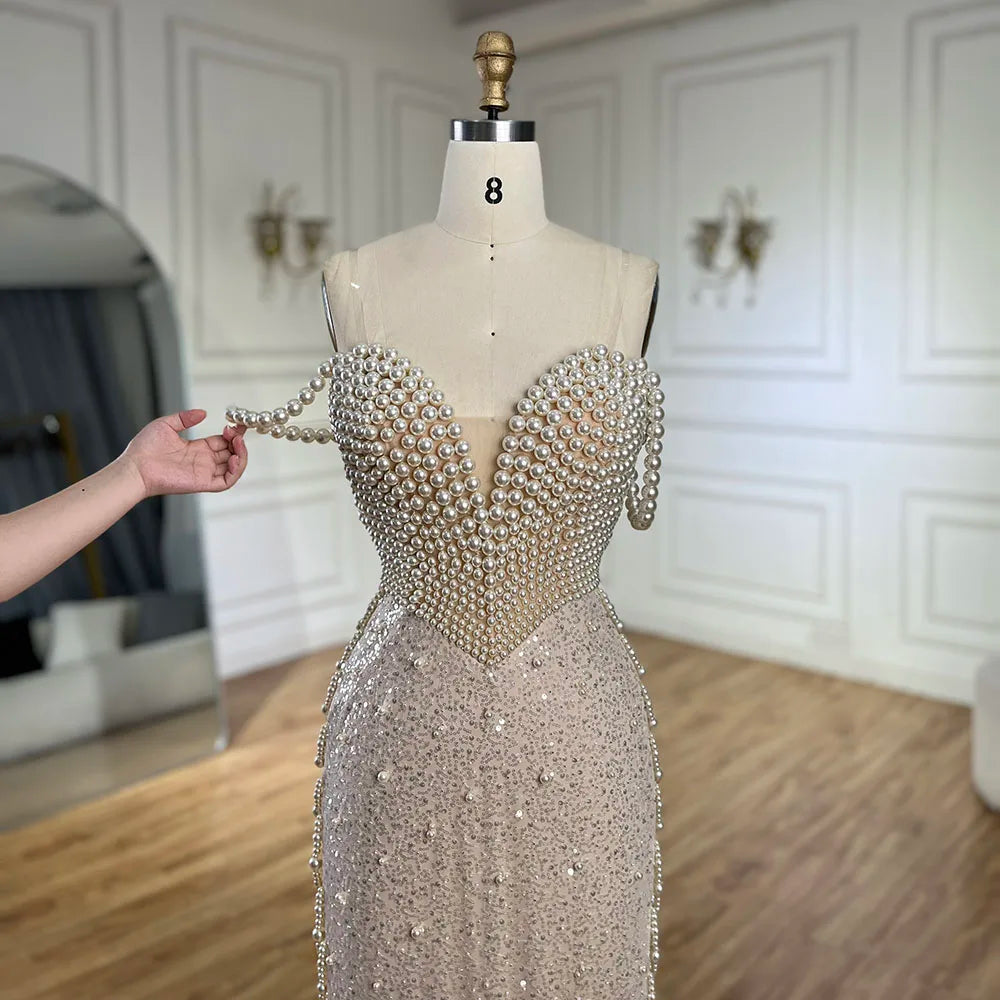 Serene Hill Nude Spaghetti Straps Mermaid Evening Dress with Beaded Pearls - Luxury Dubai Gown for Women's Wedding Party LA72393