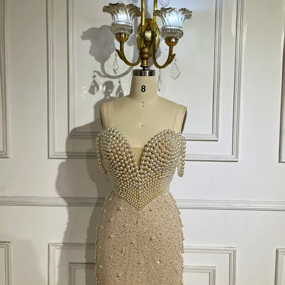 Serene Hill Nude Spaghetti Straps Mermaid Evening Dress with Beaded Pearls - Luxury Dubai Gown for Women's Wedding Party LA72393
