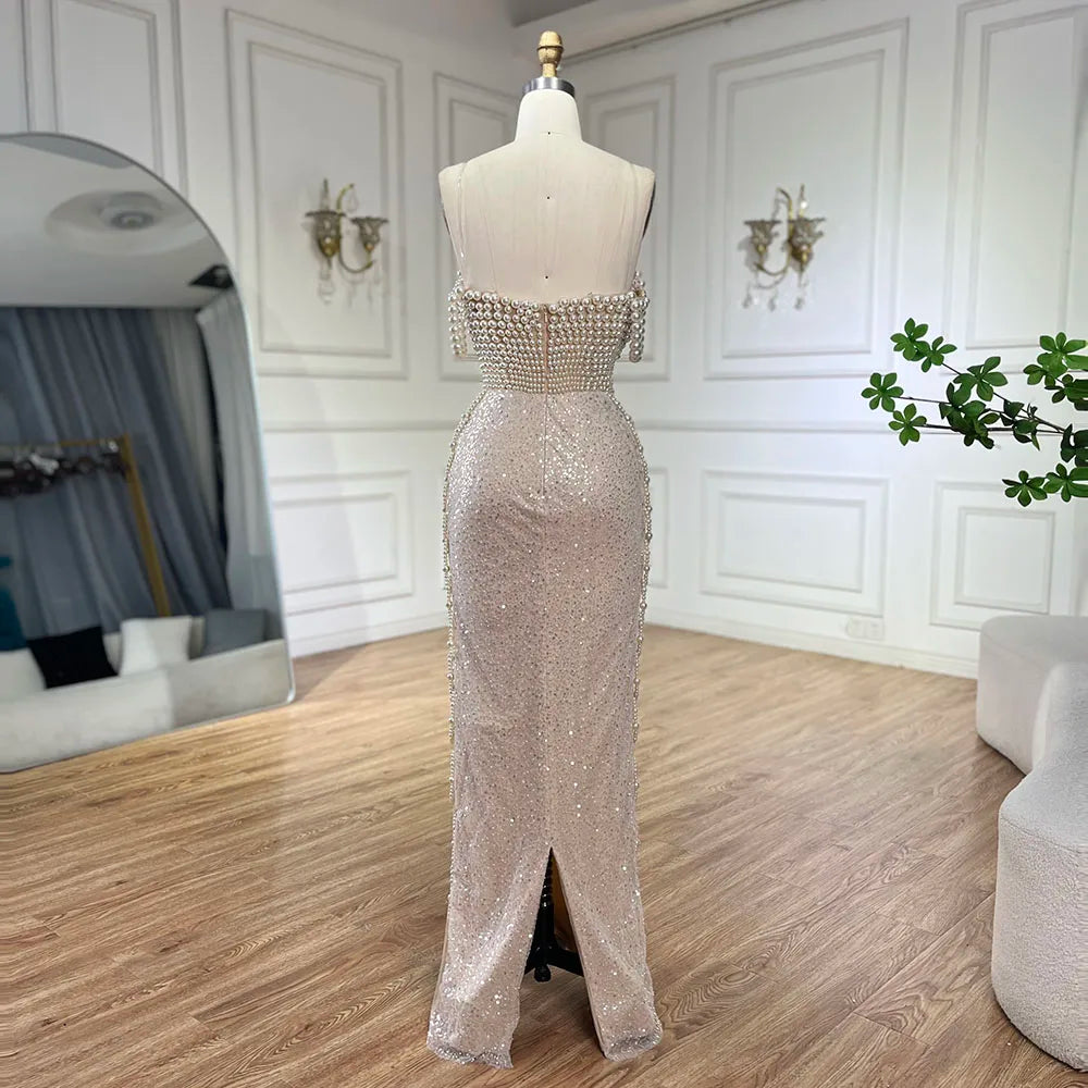 Serene Hill Nude Spaghetti Straps Mermaid Evening Dress with Beaded Pearls - Luxury Dubai Gown for Women's Wedding Party LA72393