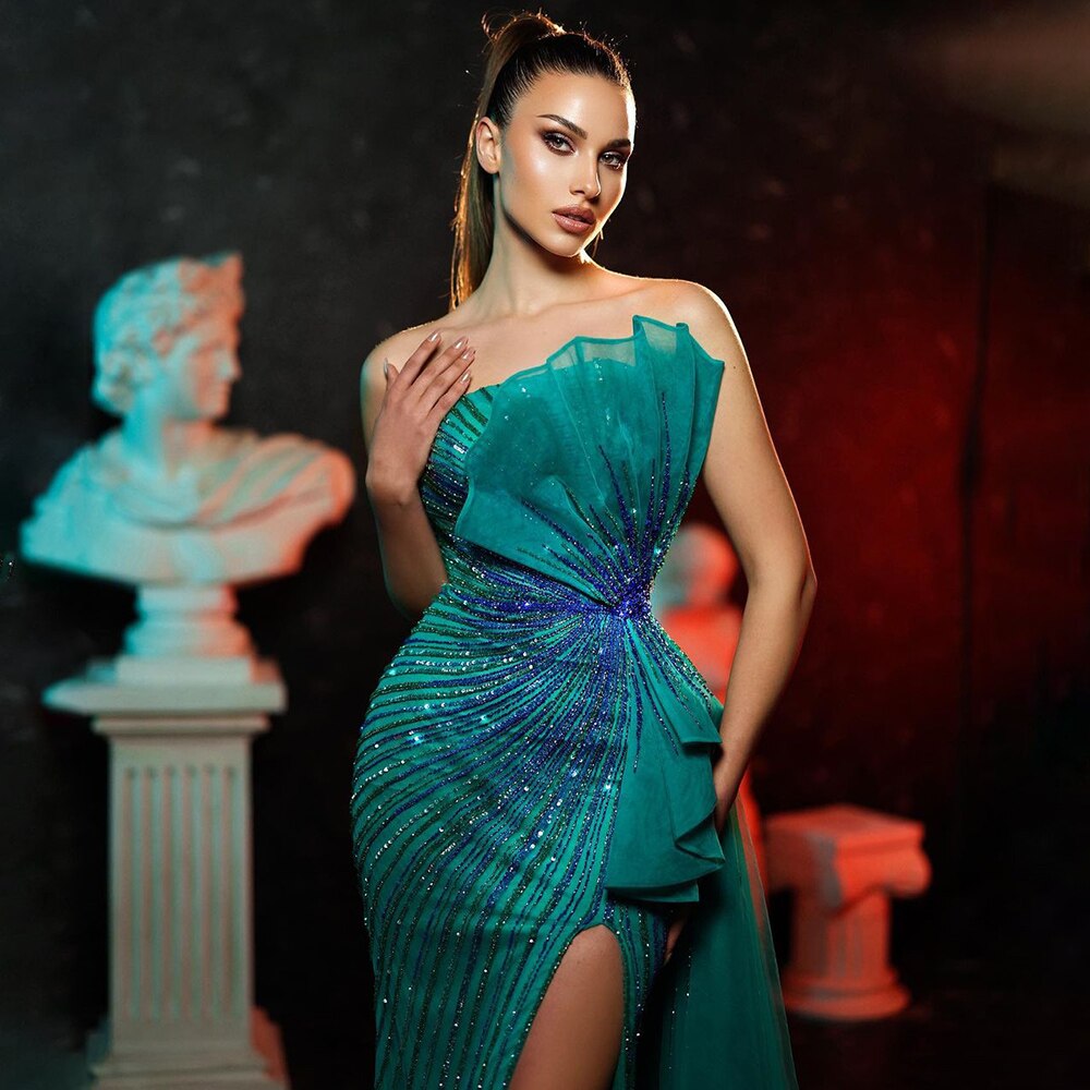Serene Hill Green Beaded Mermaid High Split Evening Party Gowns 2025 Sexy Party Dresses For Women LA72090
