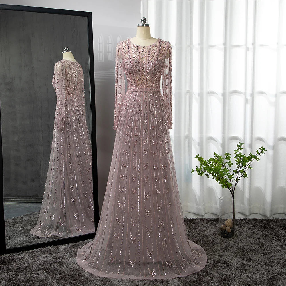 Serene Hill Pink Mermaid Elegant O-Neck Long SleevesEvening Dresses Gowns Luxury Beaded For Woman Party LA71696
