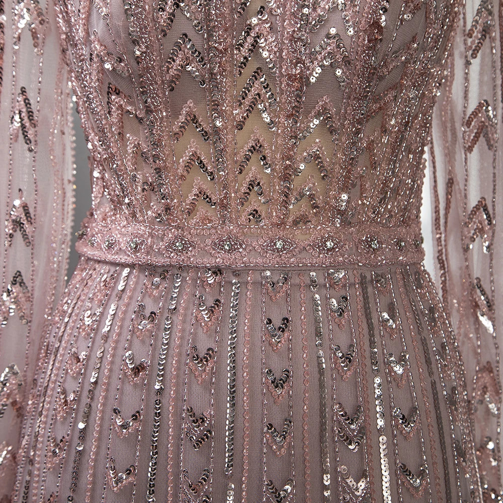 Serene Hill Pink Mermaid Elegant O-Neck Long SleevesEvening Dresses Gowns Luxury Beaded For Woman Party LA71696
