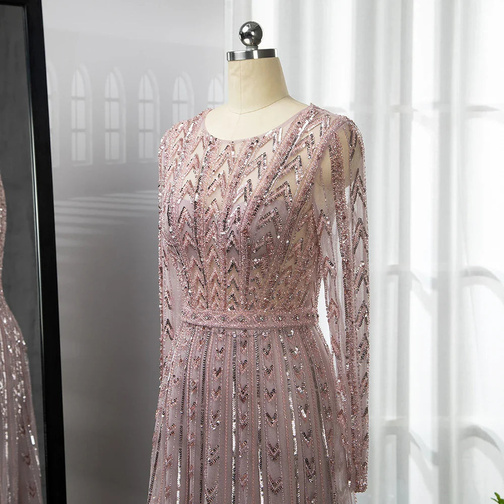 Serene Hill Pink Mermaid Elegant O-Neck Long SleevesEvening Dresses Gowns Luxury Beaded For Woman Party LA71696