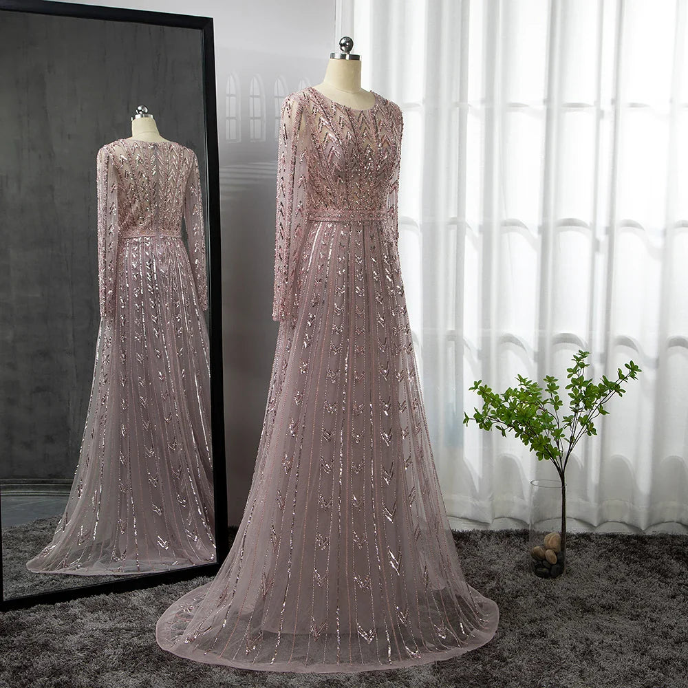 Serene Hill Pink Mermaid Elegant O-Neck Long SleevesEvening Dresses Gowns Luxury Beaded For Woman Party LA71696