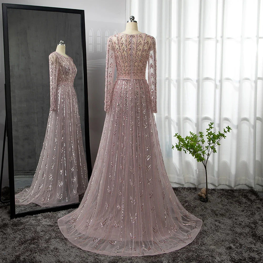 Serene Hill Pink Mermaid Elegant O-Neck Long SleevesEvening Dresses Gowns Luxury Beaded For Woman Party LA71696