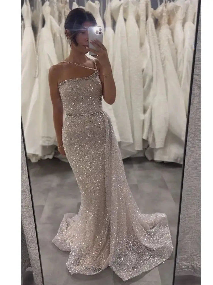 Luxury Dubai Pink One Shoulder Beaded Evening Gown With Overskirt for Formal Occasion LA72887