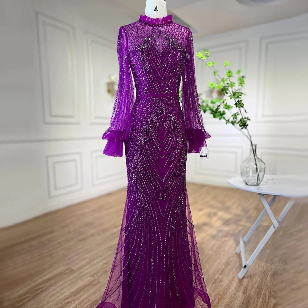 Serene Hill Purple Mermaid Elegant High Neck Evening Dresses Gowns Long Sleeves Beaded Luxury For Women Party LA71690