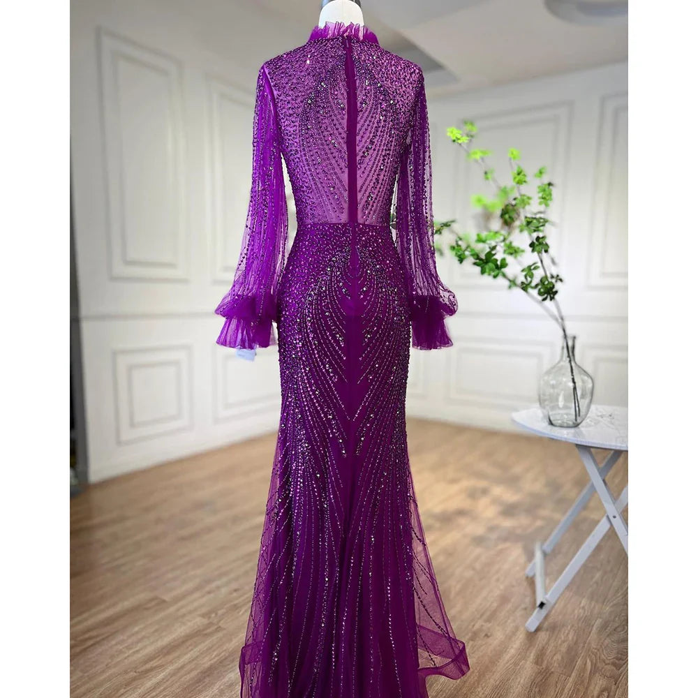 Serene Hill Purple Mermaid Elegant High Neck Evening Dresses Gowns Long Sleeves Beaded Luxury For Women Party LA71690