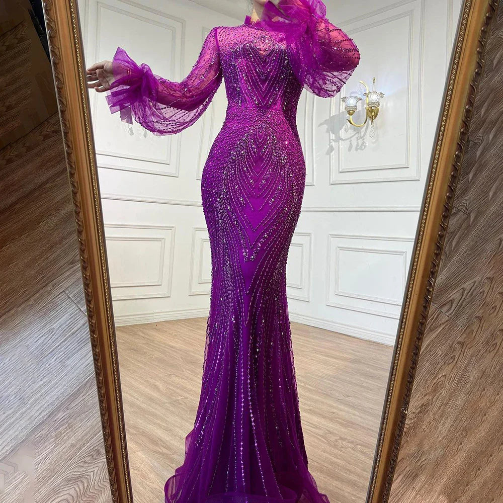 Serene Hill Purple Mermaid Elegant High Neck Evening Dresses Gowns Long Sleeves Beaded Luxury For Women Party LA71690