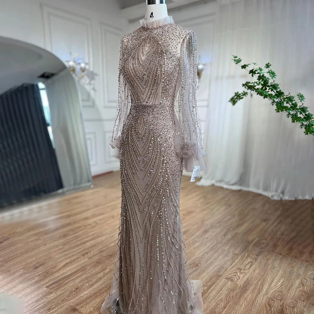 Serene Hill Purple Mermaid Elegant High Neck Evening Dresses Gowns Long Sleeves Beaded Luxury For Women Party LA71690