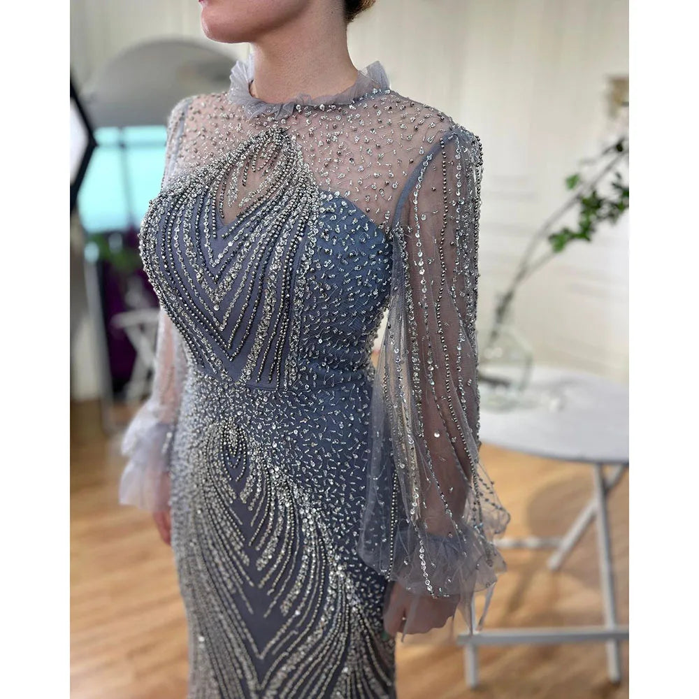 Serene Hill Purple Mermaid Elegant High Neck Evening Dresses Gowns Long Sleeves Beaded Luxury For Women Party LA71690