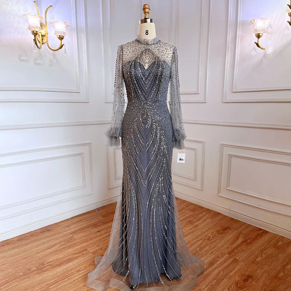 Serene Hill Purple Mermaid Elegant High Neck Evening Dresses Gowns Long Sleeves Beaded Luxury For Women Party LA71690