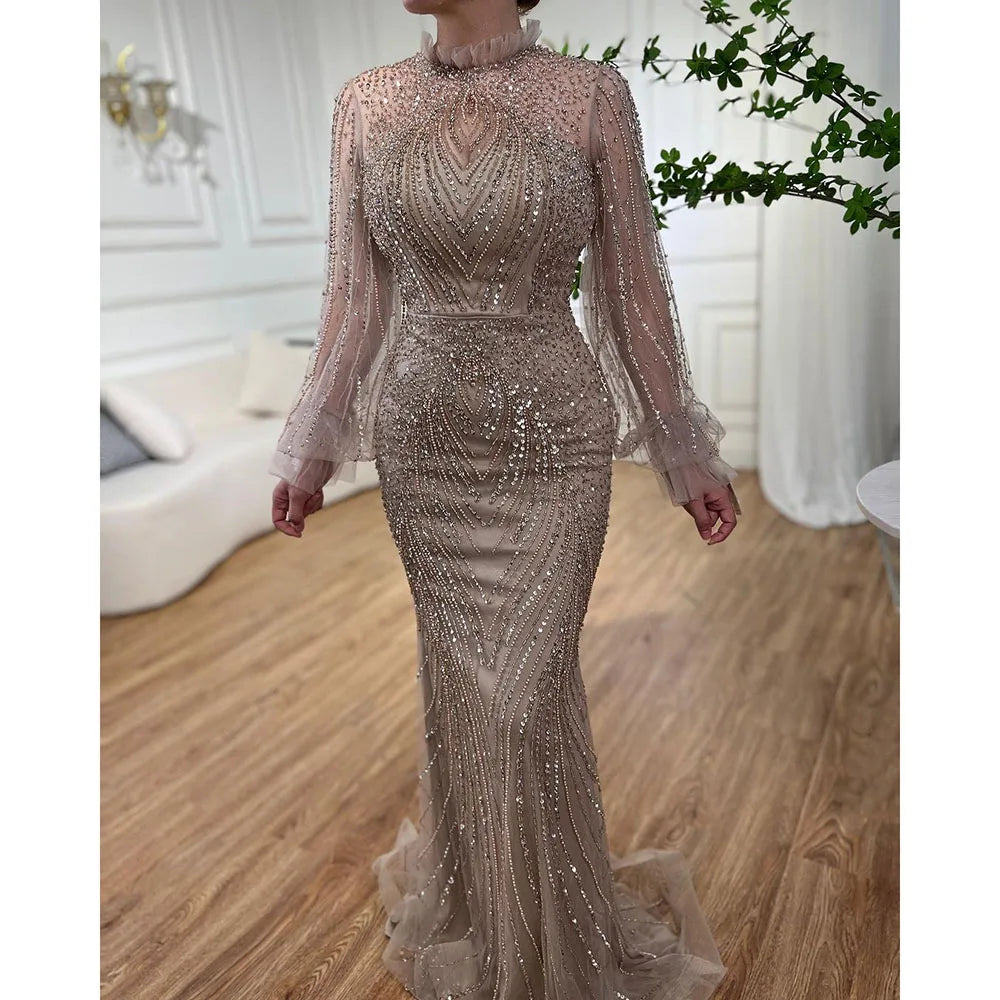 Serene Hill Purple Mermaid Elegant High Neck Evening Dresses Gowns Long Sleeves Beaded Luxury For Women Party LA71690