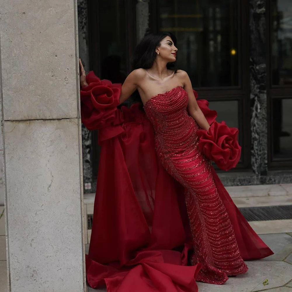 Serene Hill Luxury Designer Red Mermaid Evening Dress With Puff Sleeves LA72585