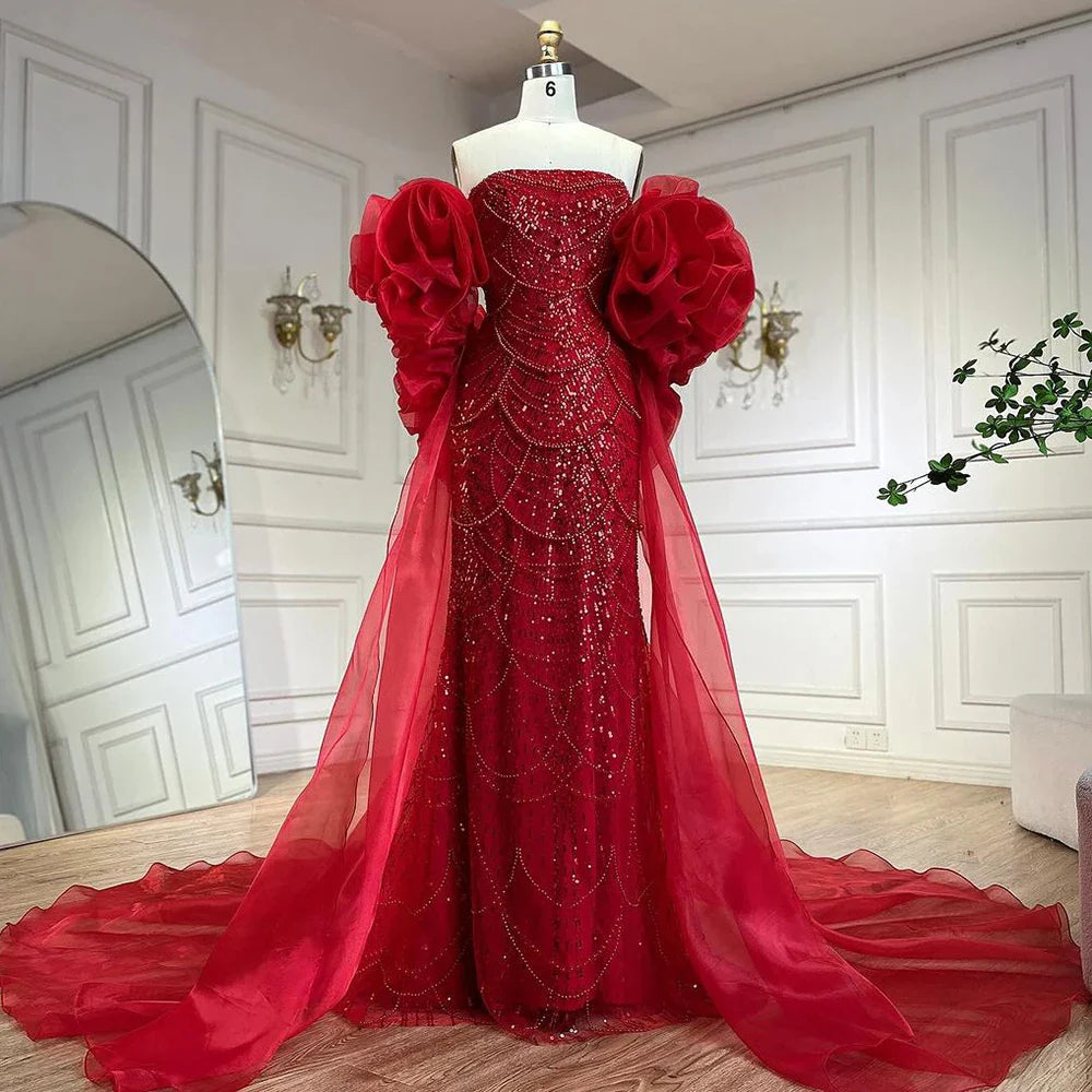 Serene Hill Luxury Designer Red Mermaid Evening Dress With Puff Sleeves LA72585