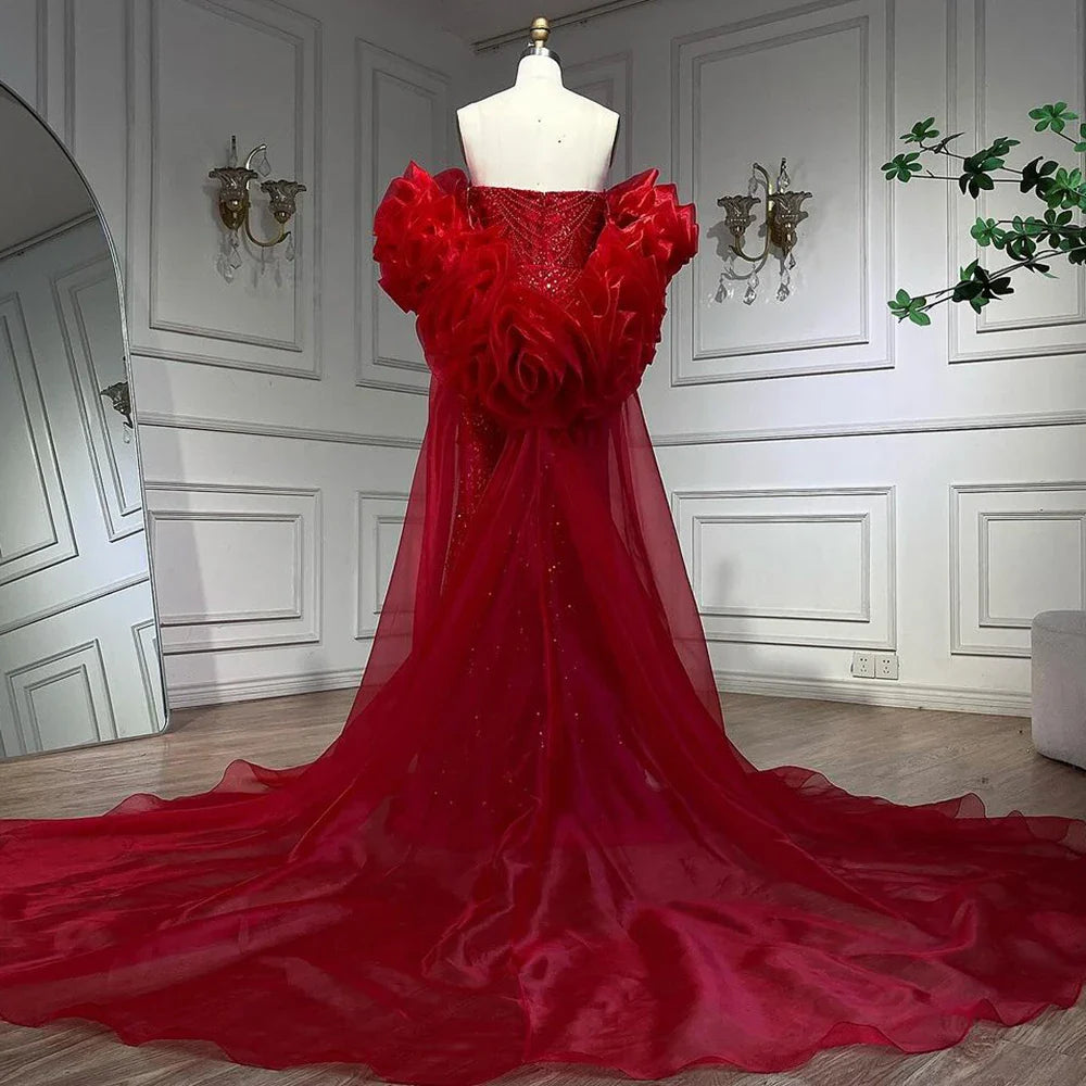 Serene Hill Luxury Designer Red Mermaid Evening Dress With Puff Sleeves LA72585