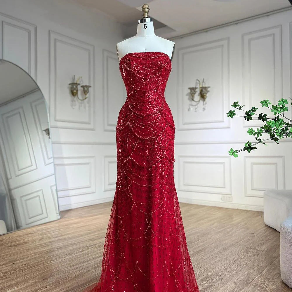 Serene Hill Luxury Designer Red Mermaid Evening Dress With Puff Sleeves LA72585