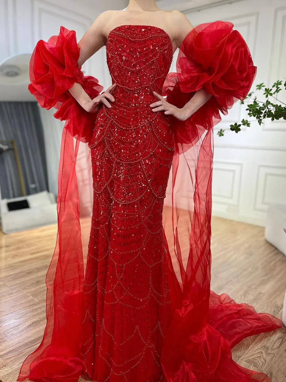 Serene Hill Luxury Designer Red Mermaid Evening Dress With Puff Sleeves LA72585
