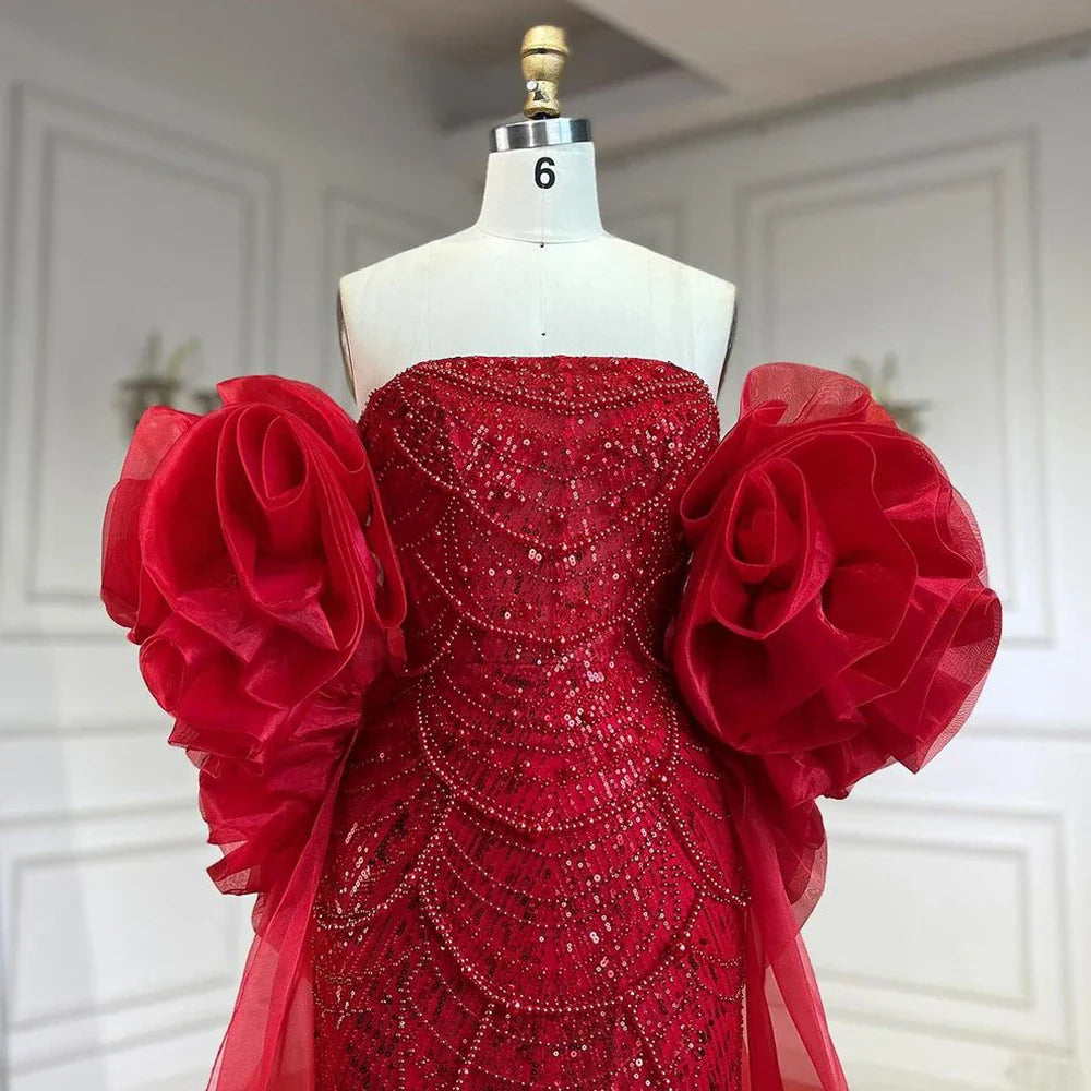 Serene Hill Luxury Designer Red Mermaid Evening Dress With Puff Sleeves LA72585