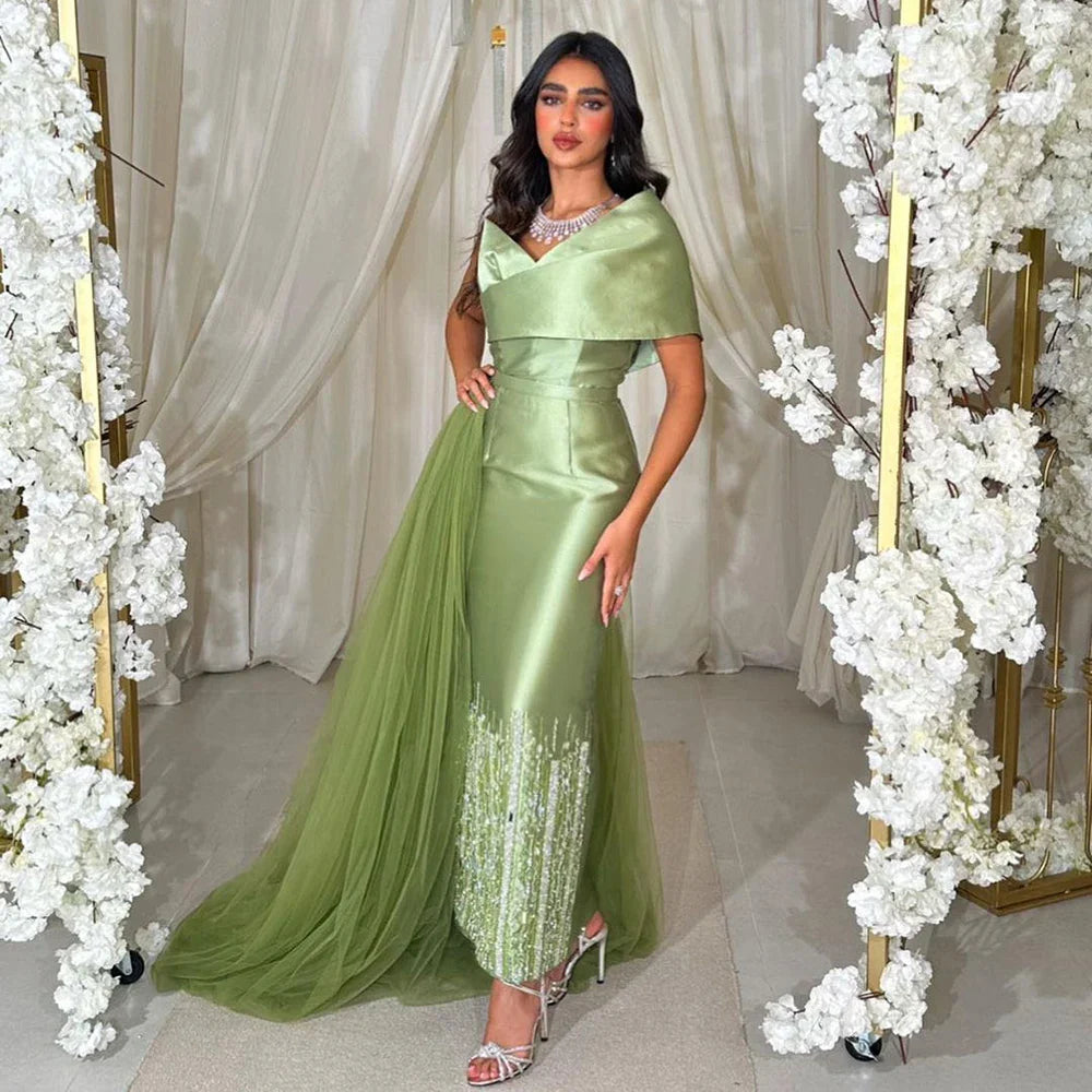 Serene Hill Sage Green Satin One-Shoulder Beaded Mermaid Tea-Length Evening Gown for Women - Wedding Party LA72194