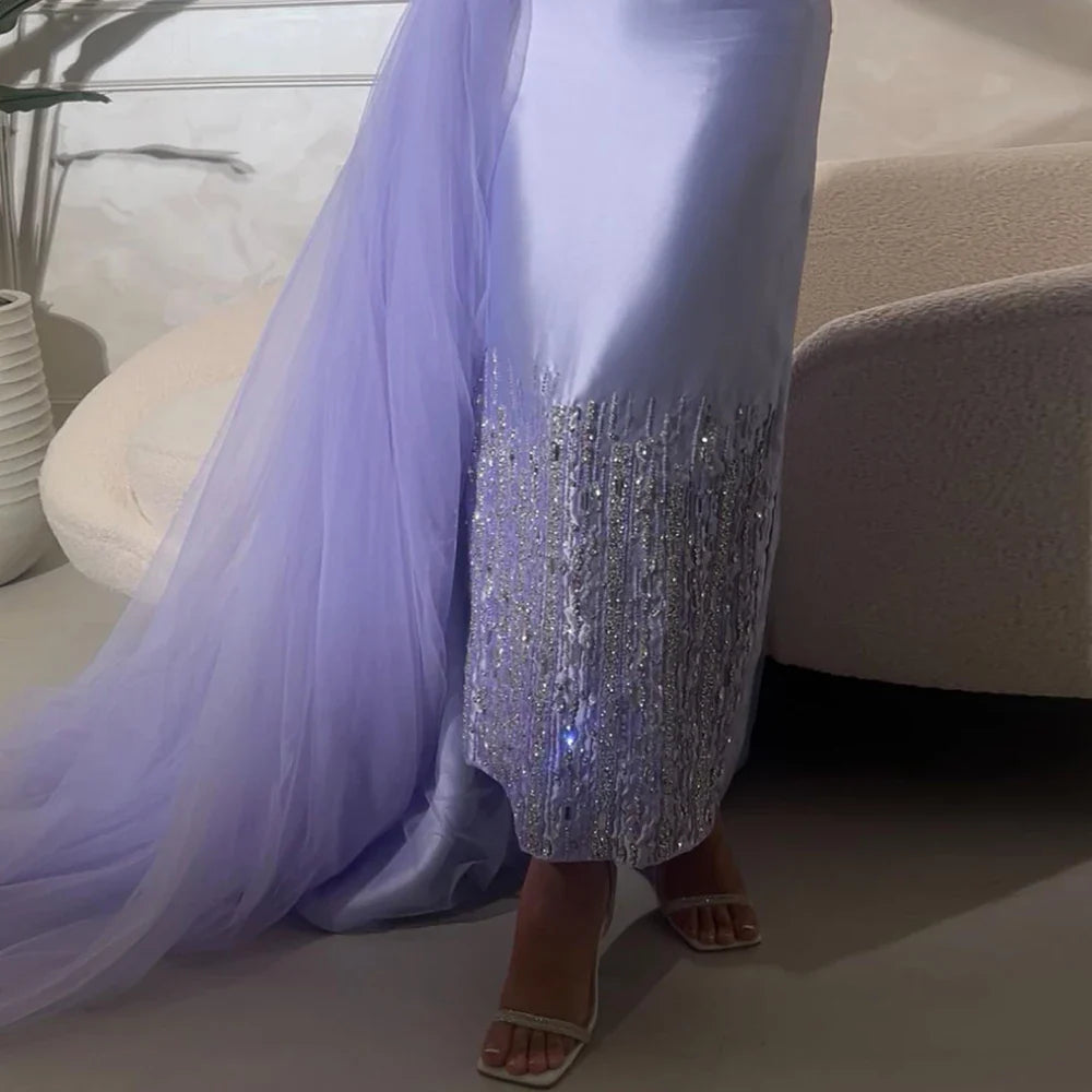Serene Hill Sage Green Satin One-Shoulder Beaded Mermaid Tea-Length Evening Gown for Women - Wedding Party LA72194