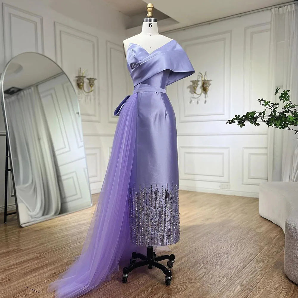 Serene Hill Sage Green Satin One-Shoulder Beaded Mermaid Tea-Length Evening Gown for Women - Wedding Party LA72194