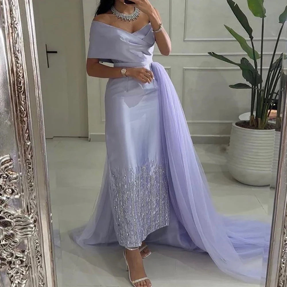 Serene Hill Sage Green Satin One-Shoulder Beaded Mermaid Tea-Length Evening Gown for Women - Wedding Party LA72194