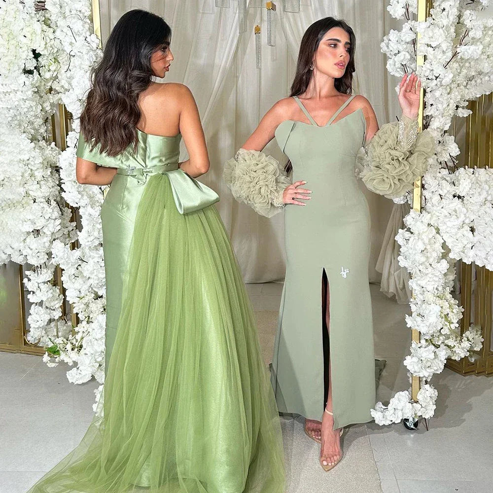 Serene Hill Sage Green Satin One-Shoulder Beaded Mermaid Tea-Length Evening Gown for Women - Wedding Party LA72194