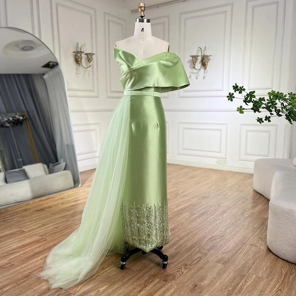 Serene Hill Sage Green Satin One-Shoulder Beaded Mermaid Tea-Length Evening Gown for Women - Wedding Party LA72194