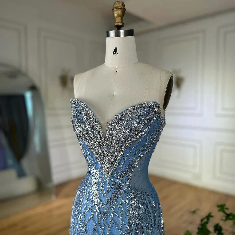 Luxury Dubai Saudi Arabic Blue Mermaid Evening Dresses Gowns Beaded For Formal Occasion LA72901