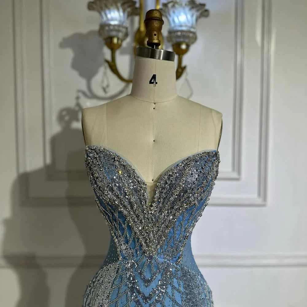 Luxury Dubai Saudi Arabic Blue Mermaid Evening Dresses Gowns Beaded For Formal Occasion LA72901