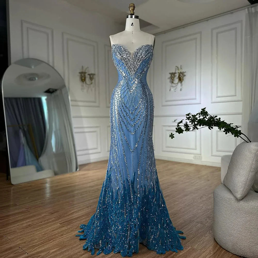 Luxury Dubai Saudi Arabic Blue Mermaid Evening Dresses Gowns Beaded For Formal Occasion LA72901