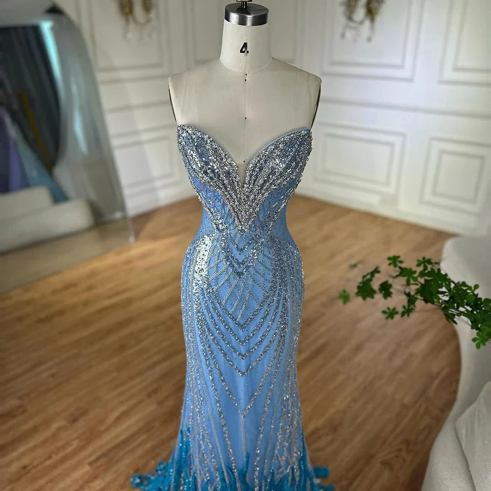 Luxury Dubai Saudi Arabic Blue Mermaid Evening Dresses Gowns Beaded For Formal Occasion LA72901