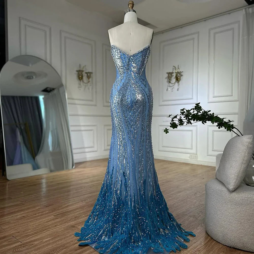 Luxury Dubai Saudi Arabic Blue Mermaid Evening Dresses Gowns Beaded For Formal Occasion LA72901