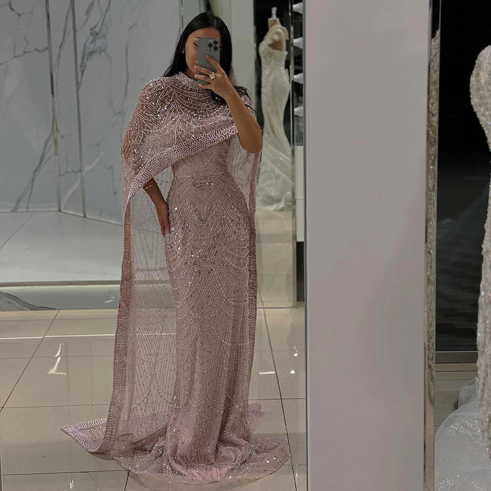 Luxury Dubai Nude Mermaid Long Cape Evening Dress LA72032P