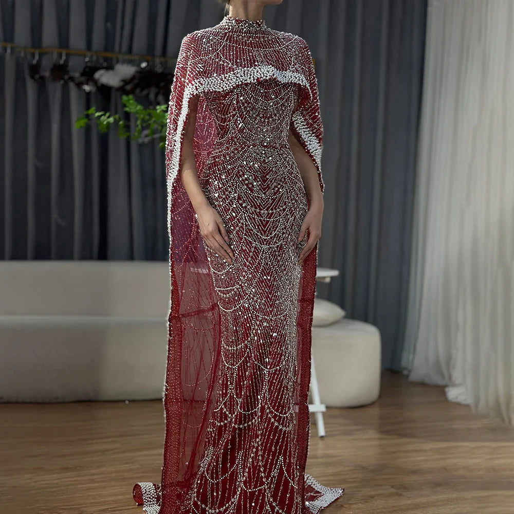 Luxury Dubai Nude Mermaid Long Cape Evening Dress LA72032P