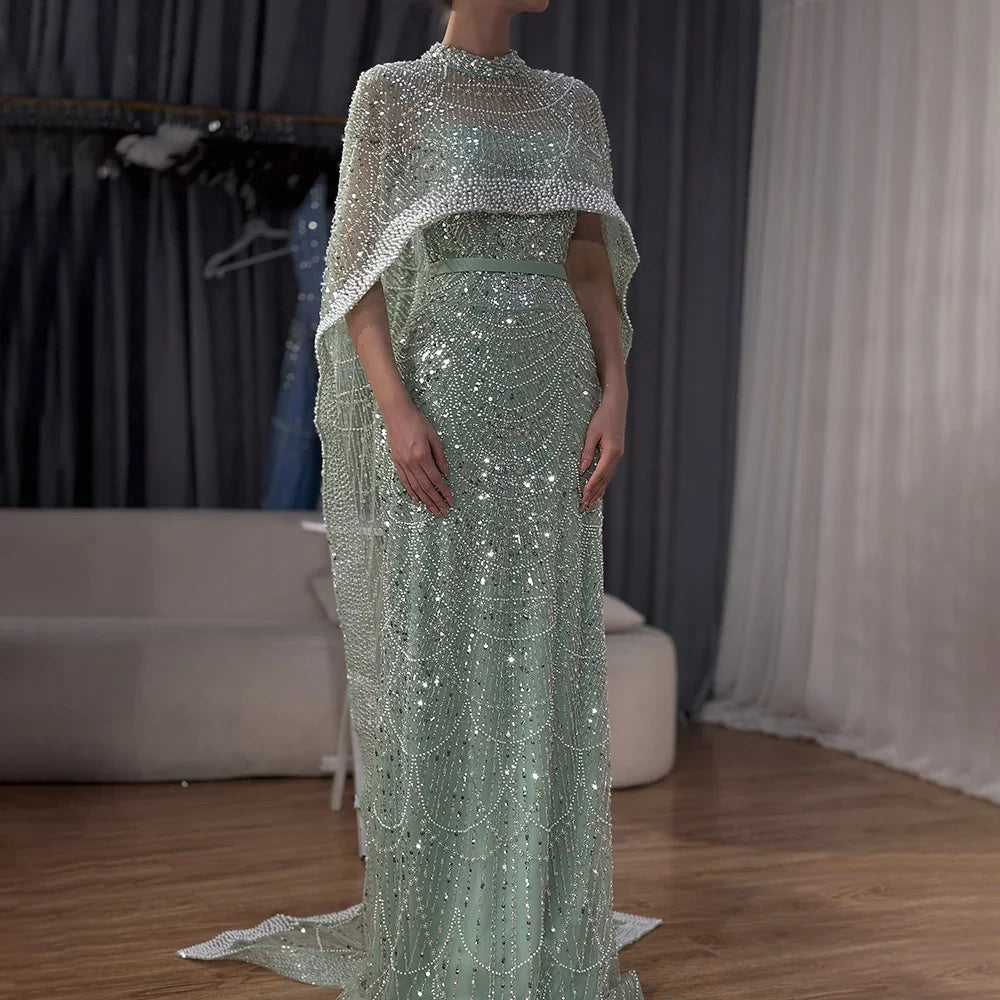 Luxury Dubai Nude Mermaid Long Cape Evening Dress LA72032P