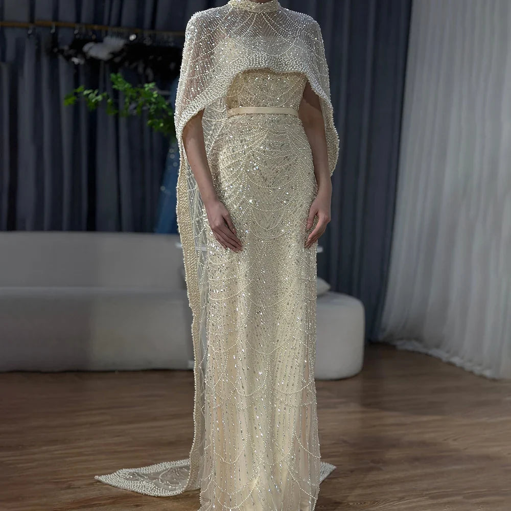 Luxury Dubai Nude Mermaid Long Cape Evening Dress LA72032P