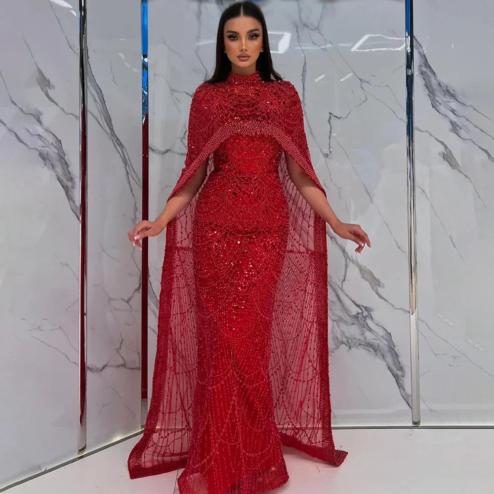 Luxury Dubai Nude Mermaid Long Cape Evening Dress LA72032P