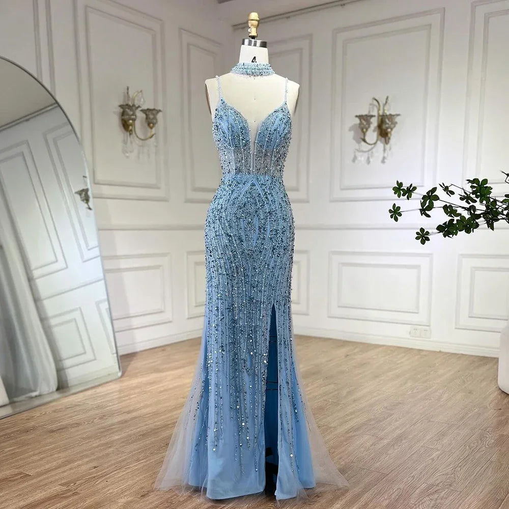 Classy Silver Nude Mermaid Spaghetti Straps Beaded Prom Dress LA72047B