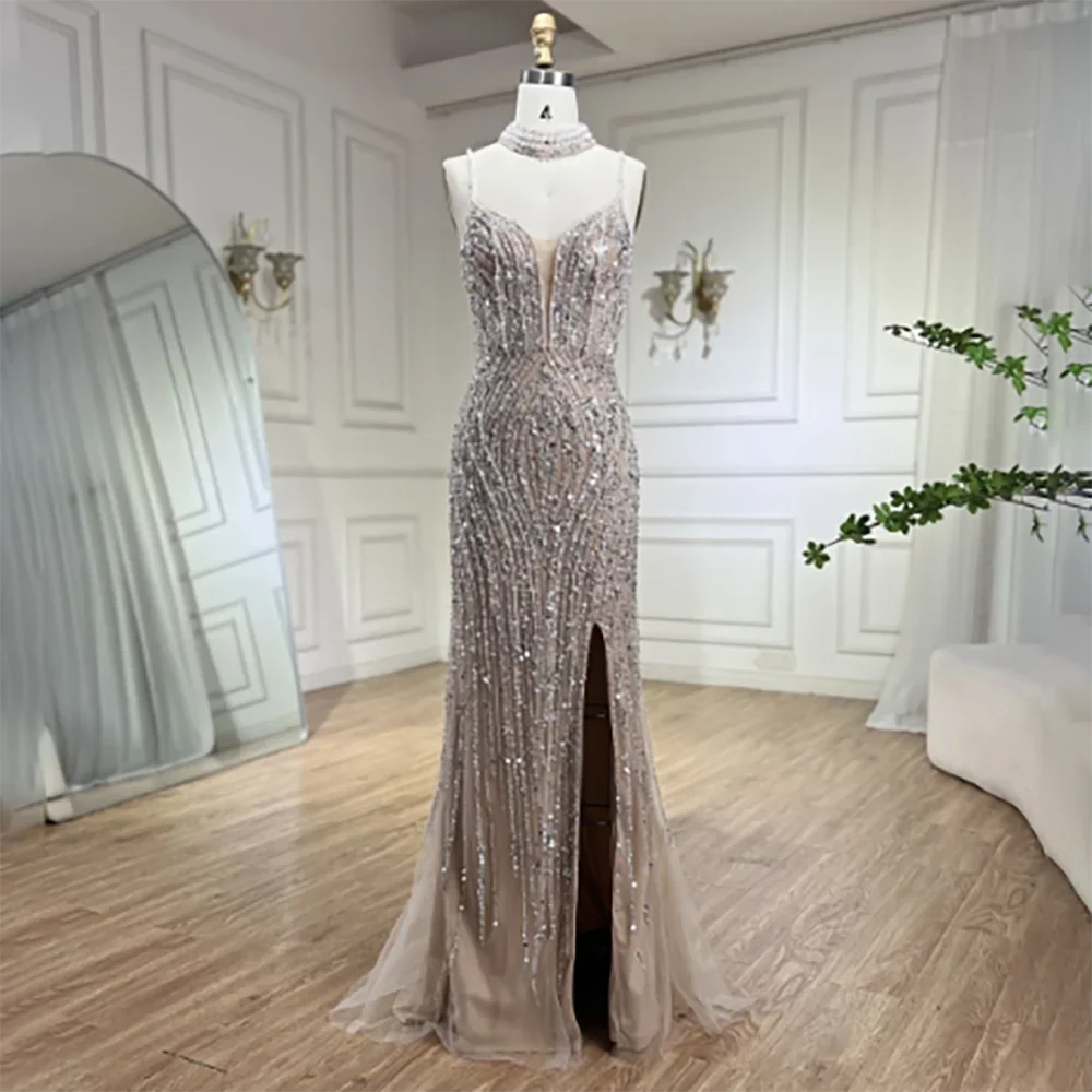 Classy Silver Nude Mermaid Spaghetti Straps Beaded Prom Dress LA72047B