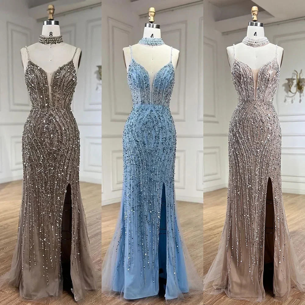 Classy Silver Nude Mermaid Spaghetti Straps Beaded Prom Dress LA72047B