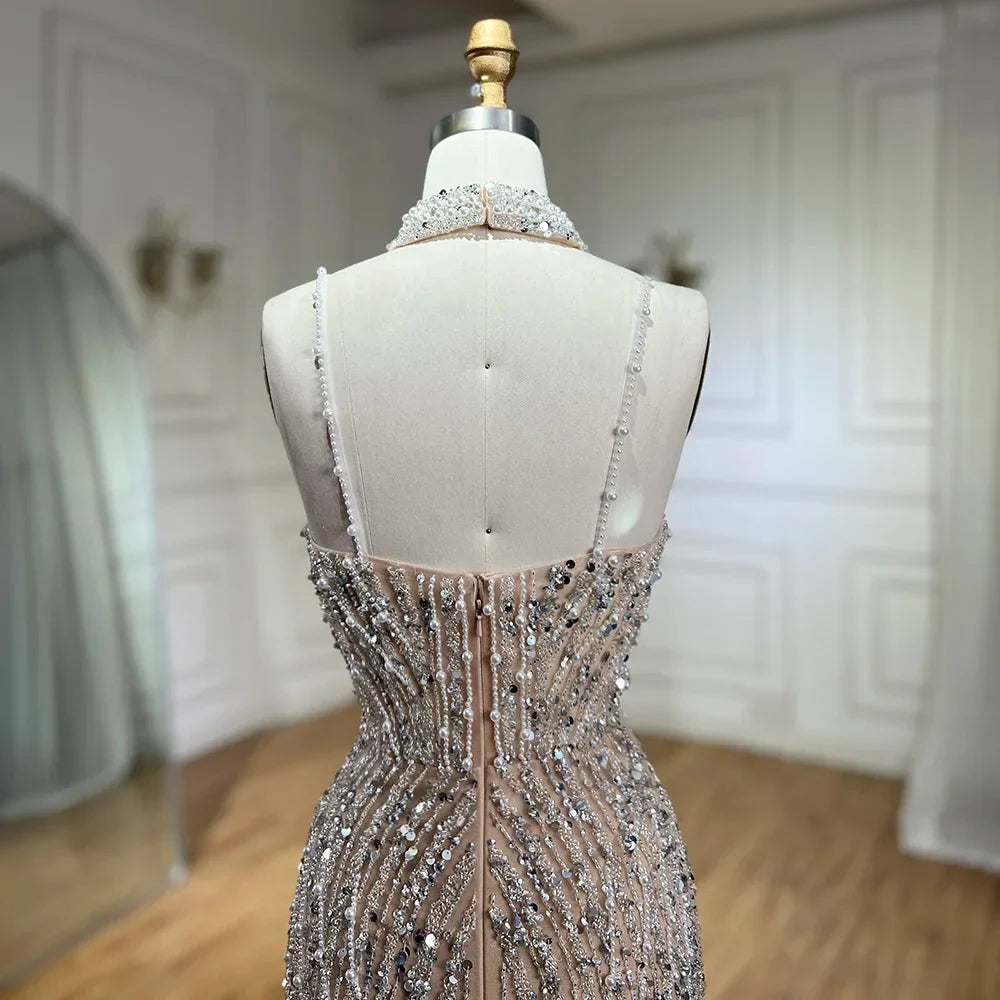 Classy Silver Nude Mermaid Spaghetti Straps Beaded Prom Dress LA72047B