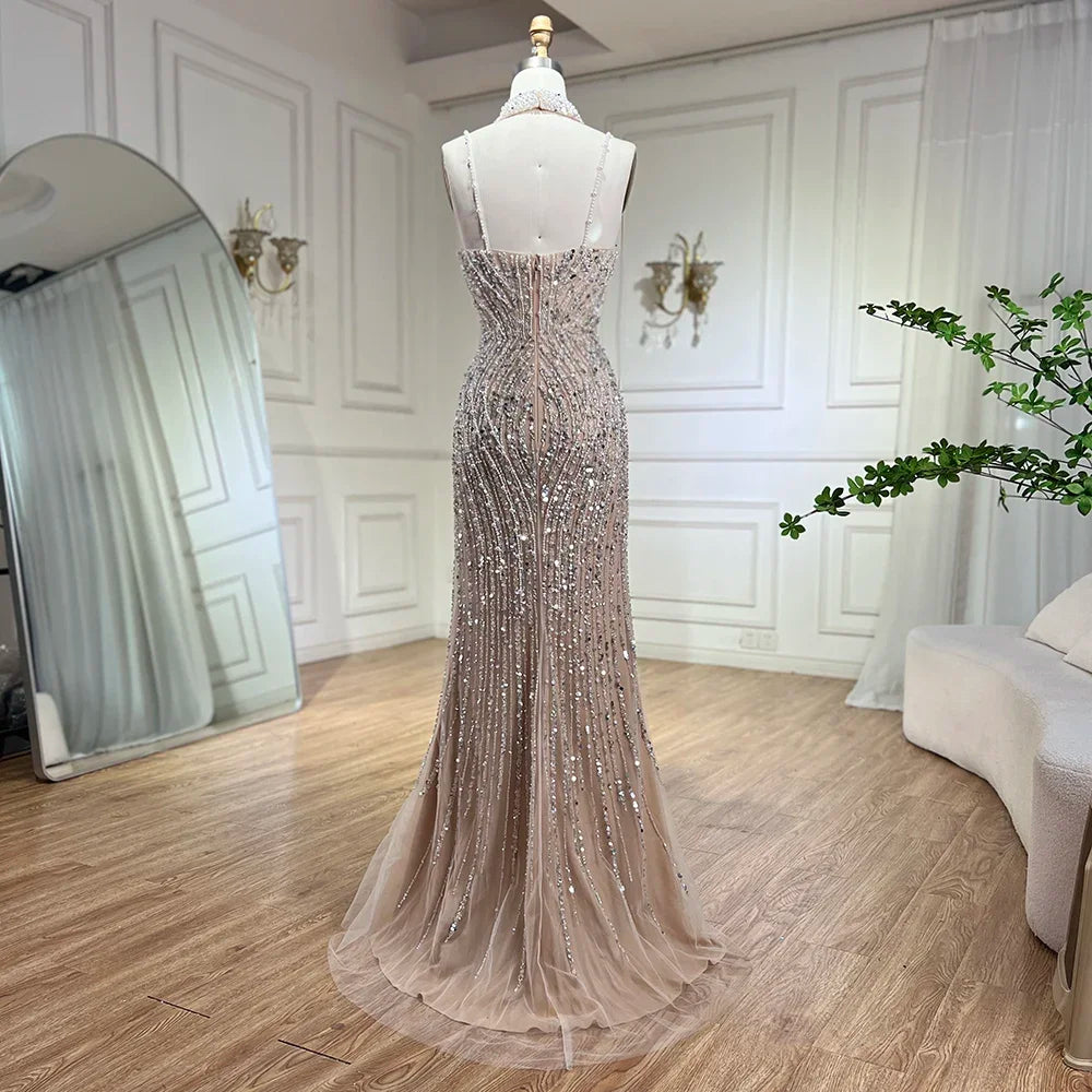 Classy Silver Nude Mermaid Spaghetti Straps Beaded Prom Dress LA72047B