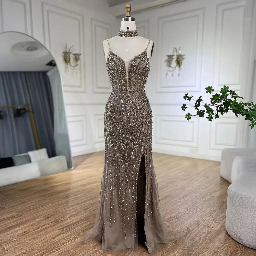 Classy Silver Nude Mermaid Spaghetti Straps Beaded Prom Dress LA72047B
