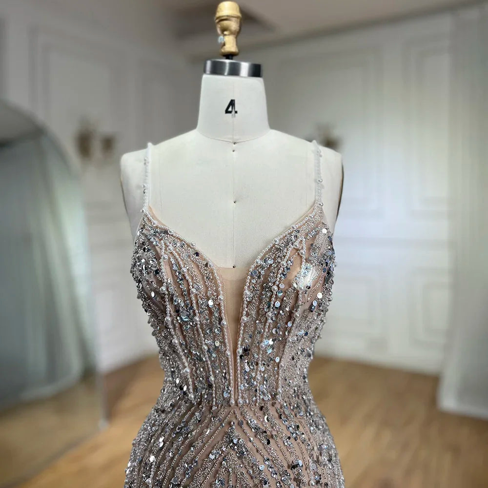 Classy Silver Nude Mermaid Spaghetti Straps Beaded Prom Dress LA72047B