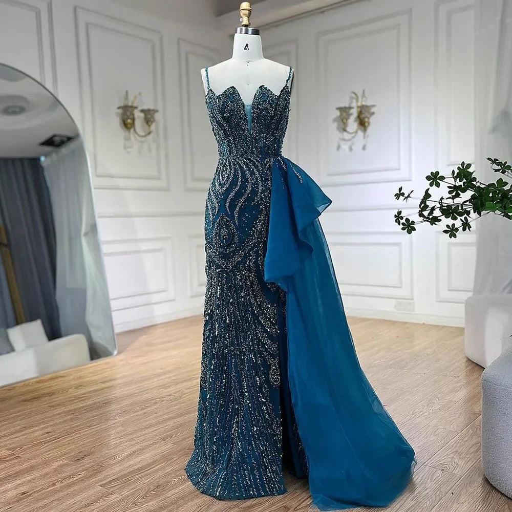 Spaghetti Straps Sage Green Mermaid Evening Dress with Overskirt LA72378