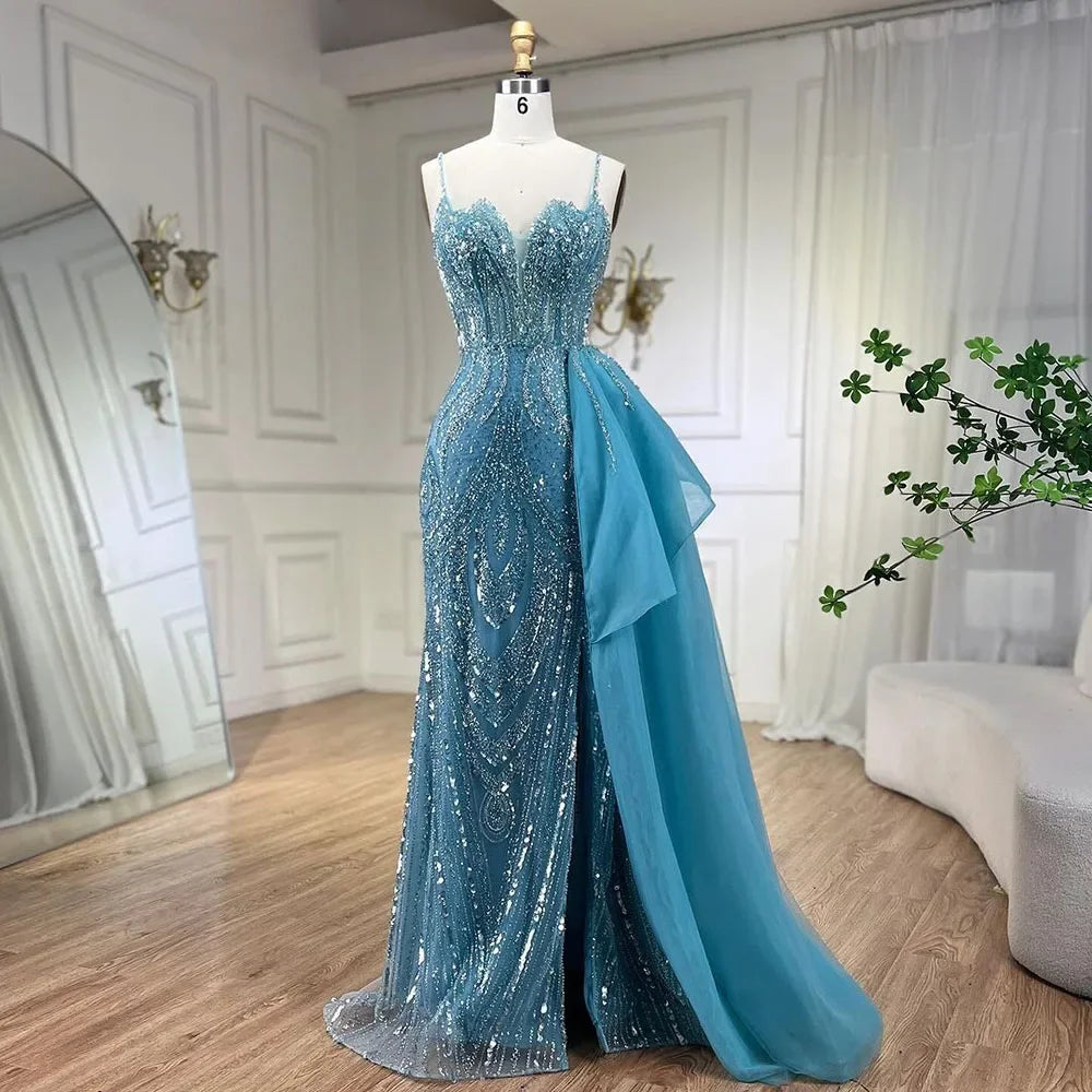 Spaghetti Straps Sage Green Mermaid Evening Dress with Overskirt LA72378