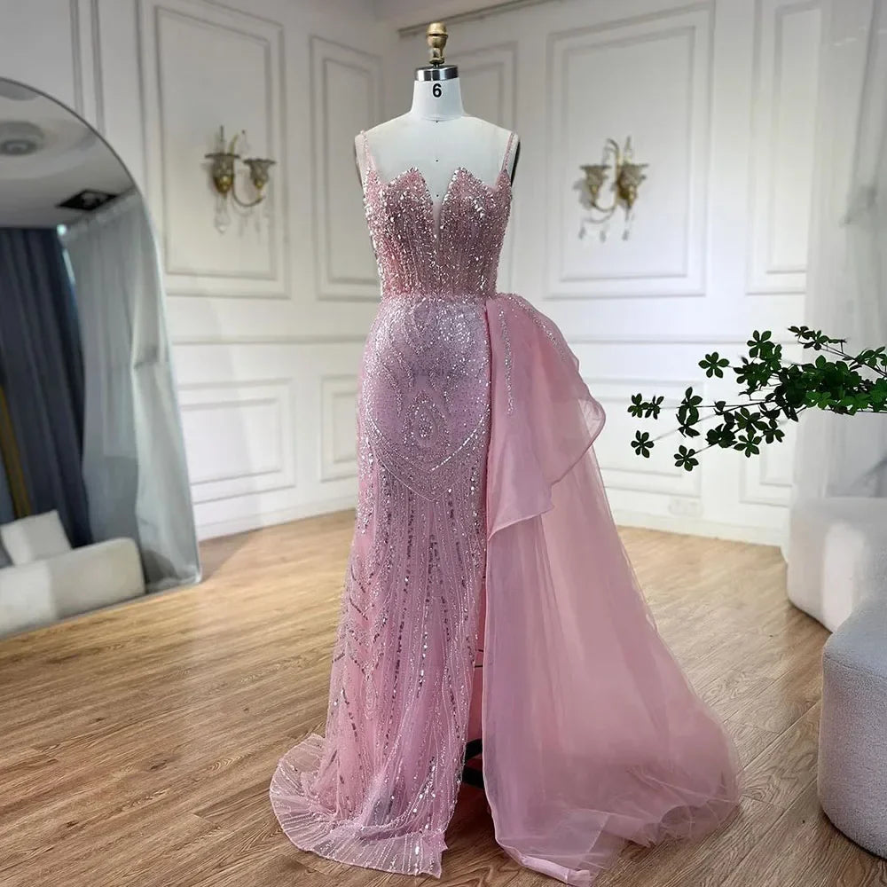 Spaghetti Straps Sage Green Mermaid Evening Dress with Overskirt LA72378