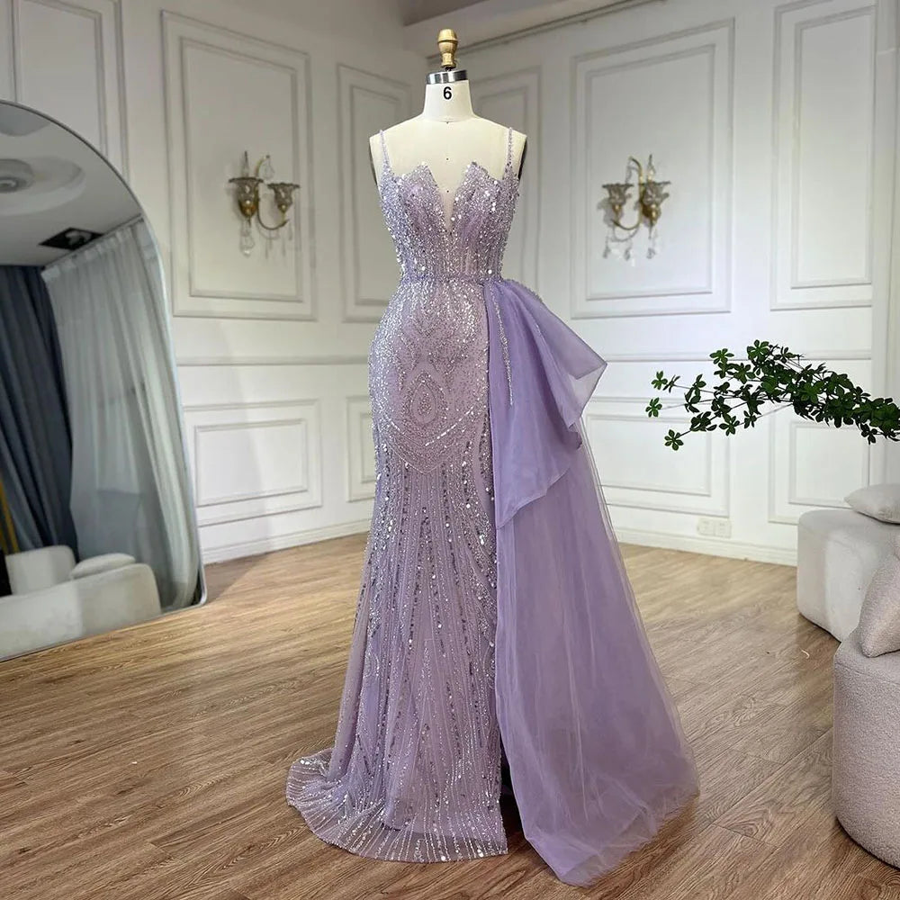 Spaghetti Straps Sage Green Mermaid Evening Dress with Overskirt LA72378